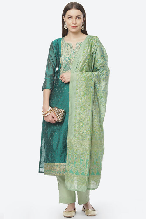 Turquoise Cotton Blend Hand Embroidered Unstitched Suit Set image number 7
