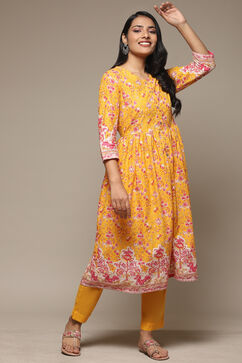 Mustard Cotton Gathered Kurta Pants 2 Piece Set image number 0