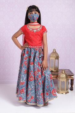 Red And Blue Poly Cotton Lehenga Set image number 7