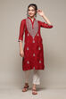 Green & Maroon Polyester Straight Yarndyed Kurta