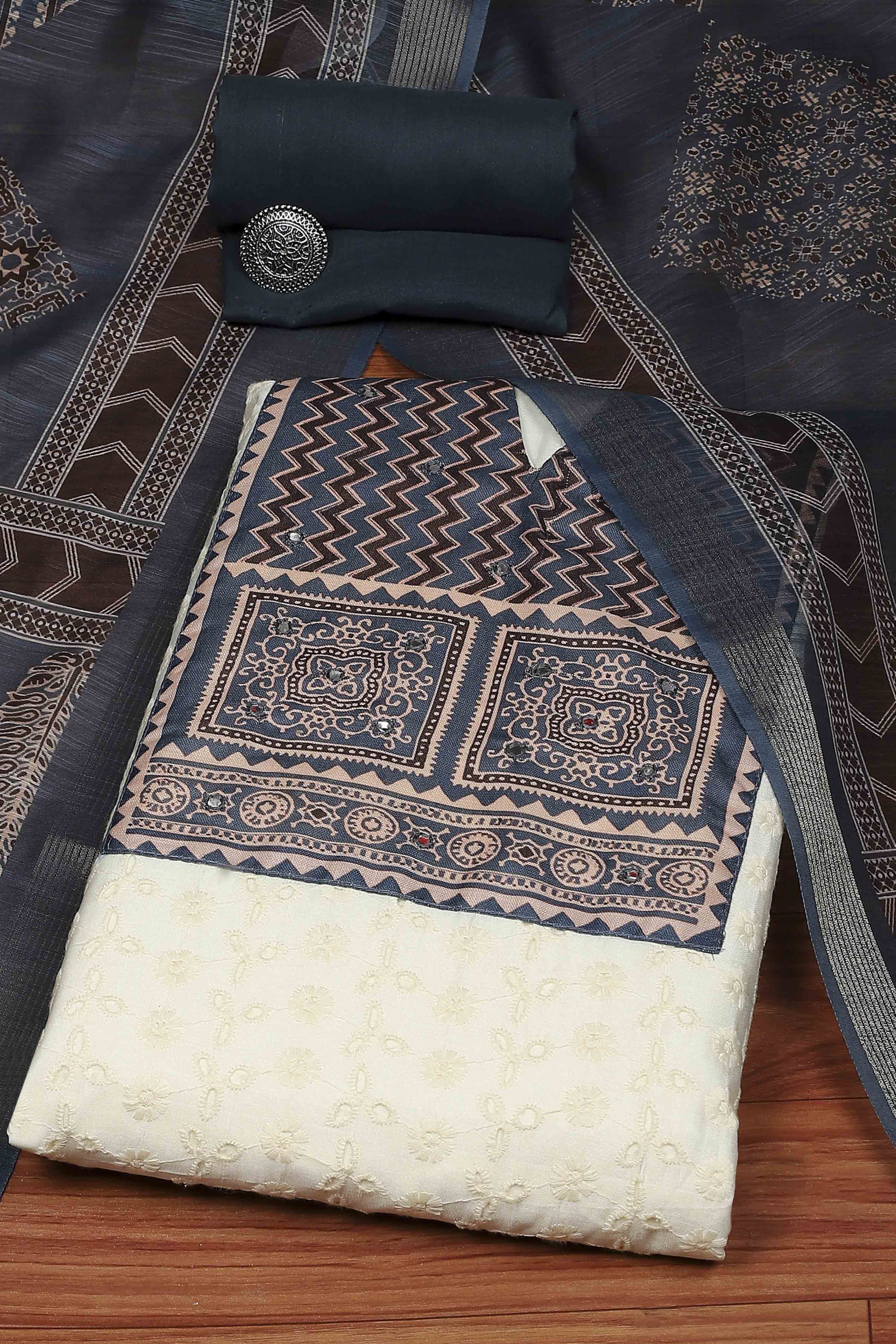 Off White Cotton Blend Schiffli Unstitched Suit Set image number 0