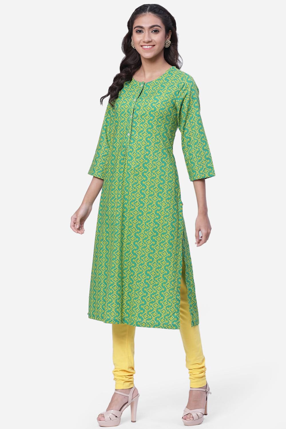 Blue Cotton A-Line Printed Kurta image number 2