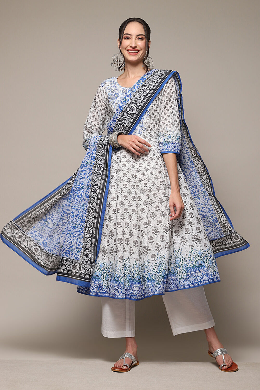 White Cotton Anarkali Kurta Narrow Palazzo Suit Set