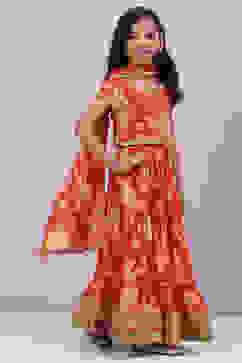 Orange Cotton Lehenga Set image number 6