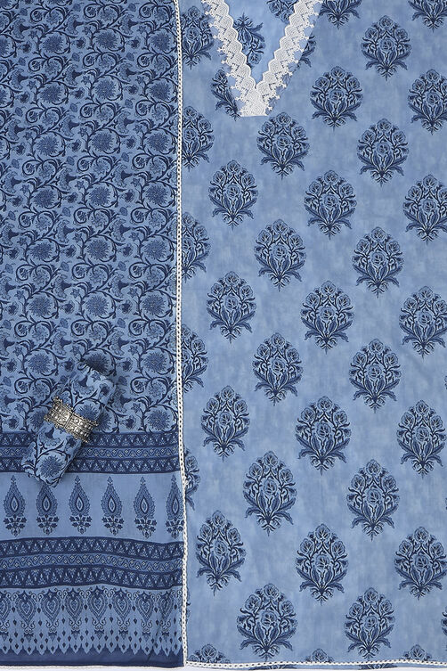 Indigo Cotton Screen Print Unstitched Suit Set image number 1