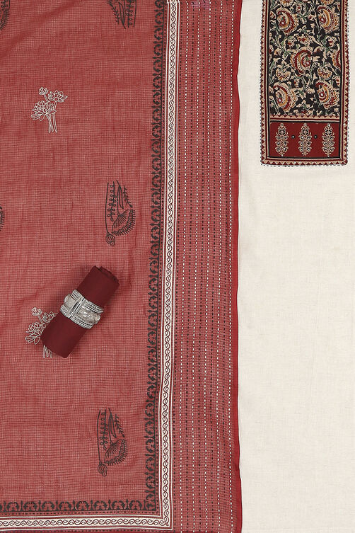 Off-White-Red Flex Hand Block Print Unstitched Suit Set image number 1