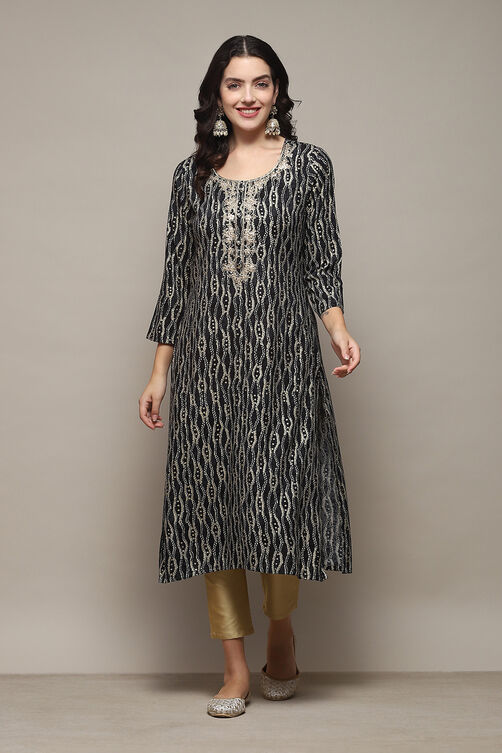 Black Rayon Straight Printed Kurta image number 4