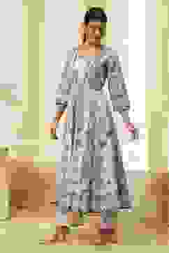 Beige and Blue Printed Front Open Kurta Set image number 3