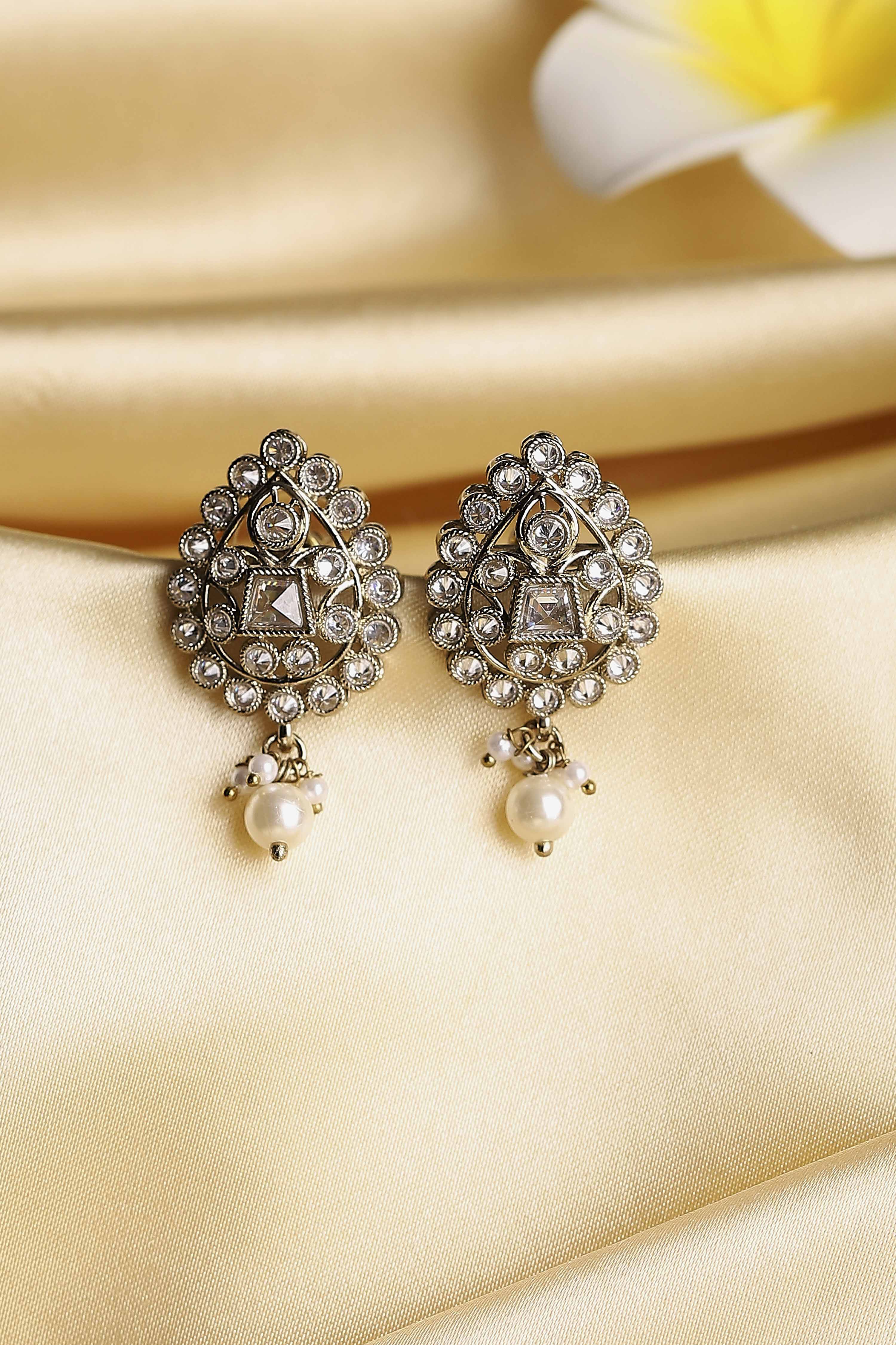 Silver Toned Gold Plated Brass Studded Drop Earrings image number 0