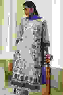 Off-White and Blue Cotton Straight Suit Set image number 6