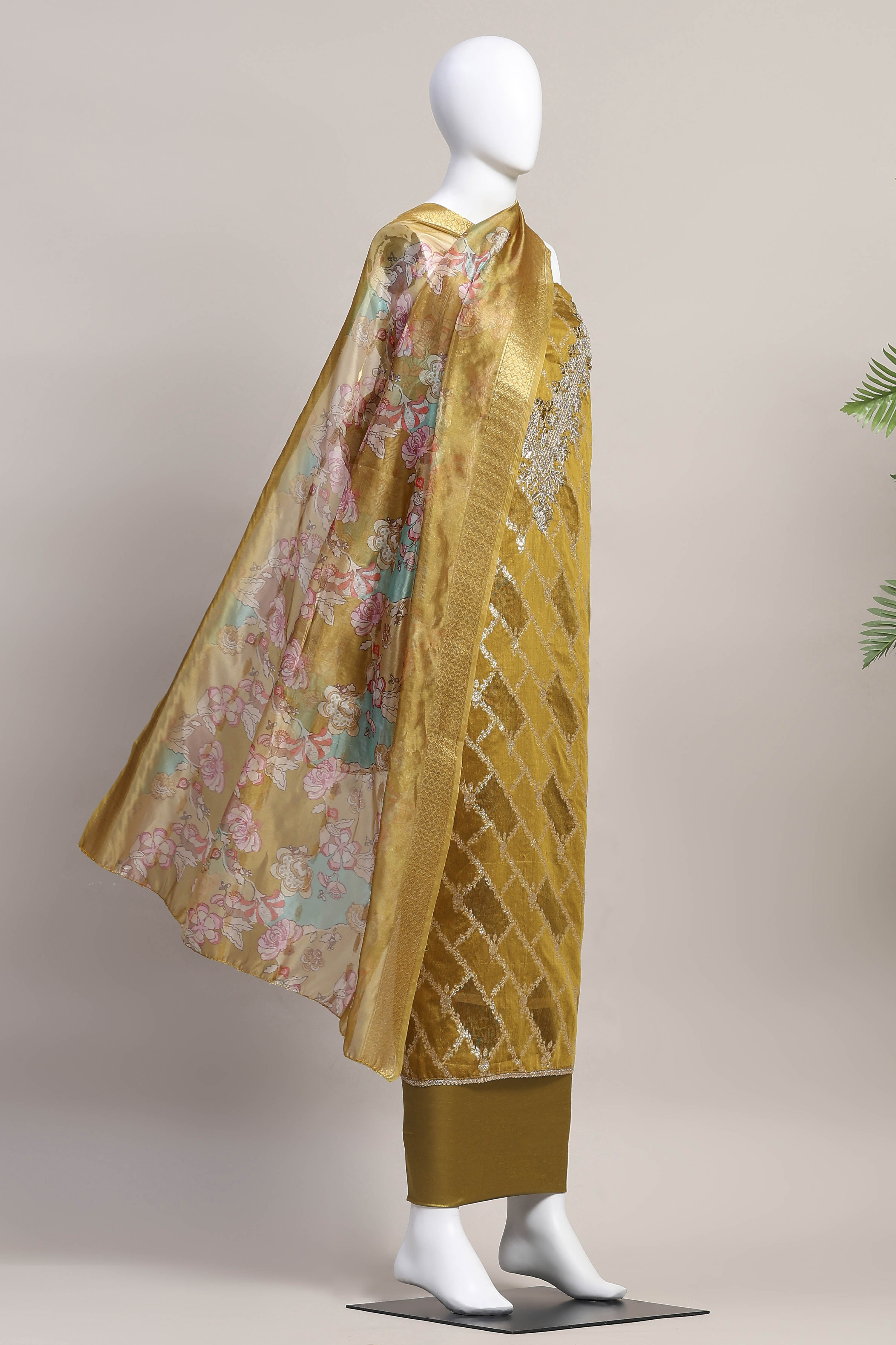 Olive Organza Unstitched Suit Set image number 4