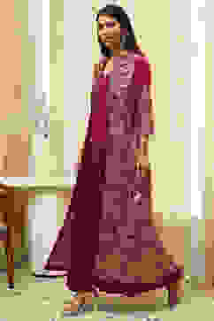 Plum Art Silk Flared with Cape Printed Dress image number 3