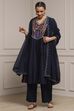 Blue Cotton Blend A-Line Printed Suit Set