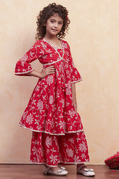 Red Cotton Printed Tiered Kurta Set image number 5