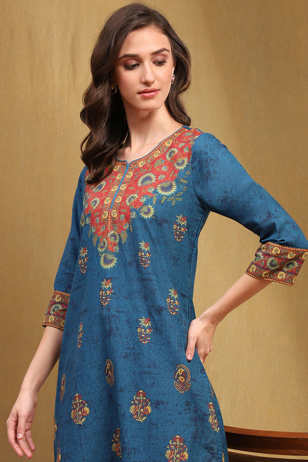 Red Cotton Printed Straight Kurta image number 1