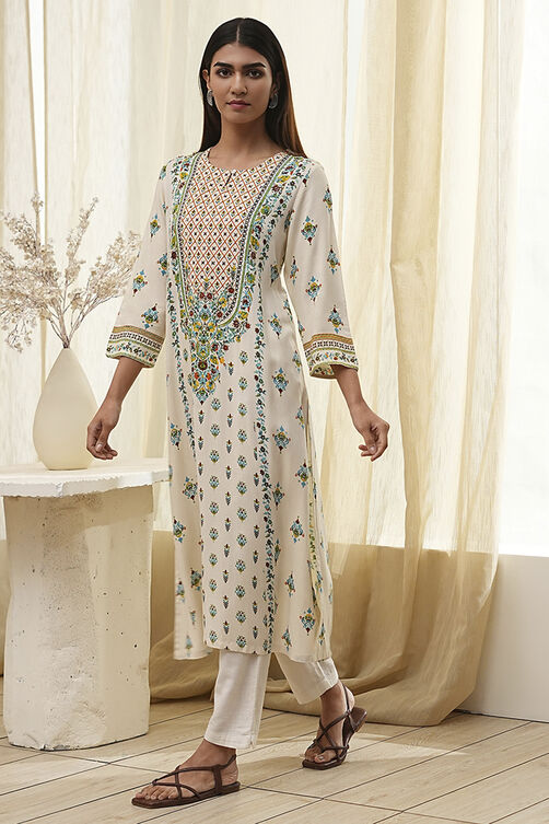 Cream-Colored Printed Straight Kurta image number 2