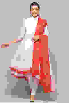 White Cotton Asymmetric Anarkali & Churidar Suit Set image number 7