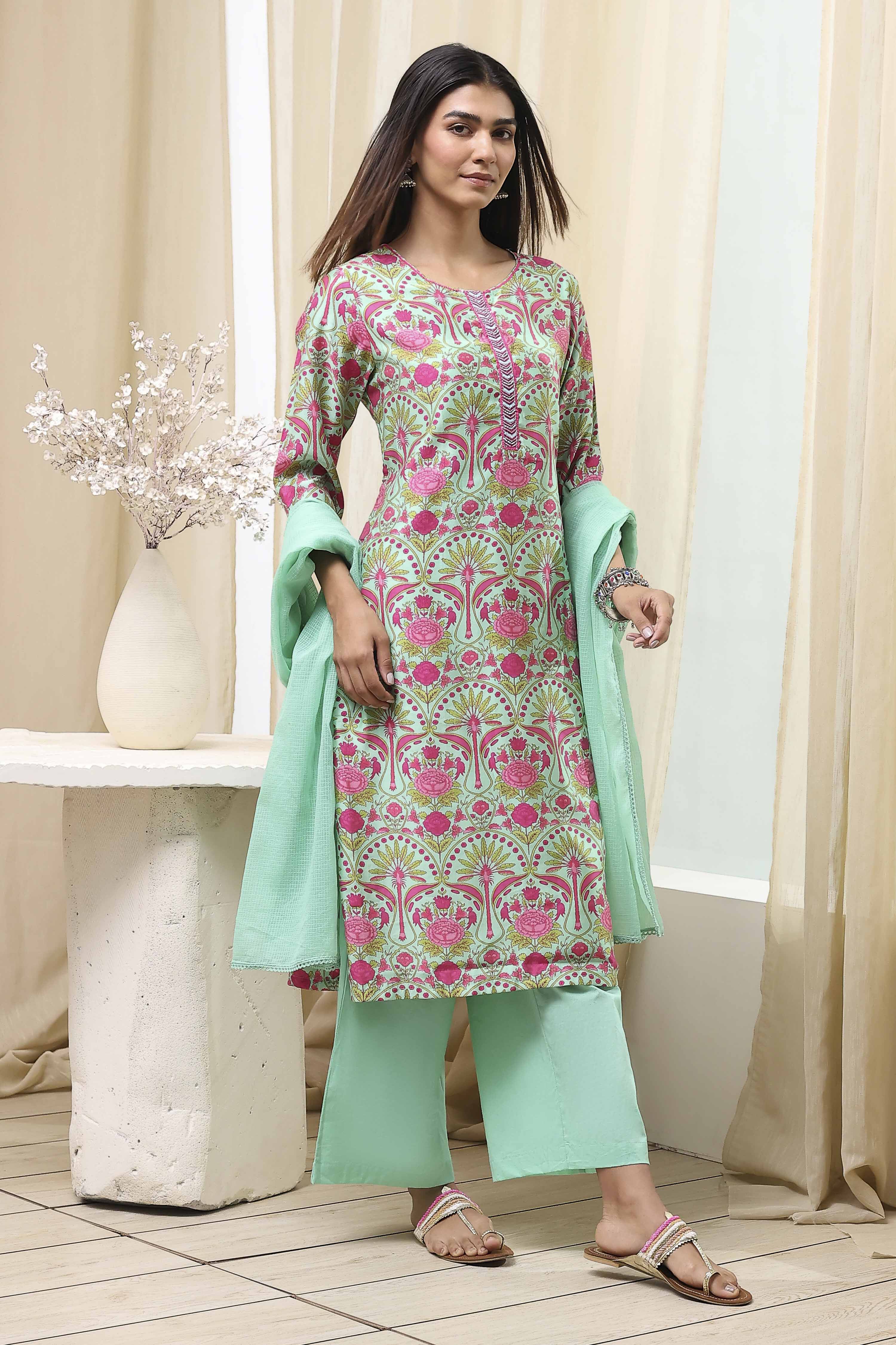 Sea Green Printed Straight Suit Set image number 5
