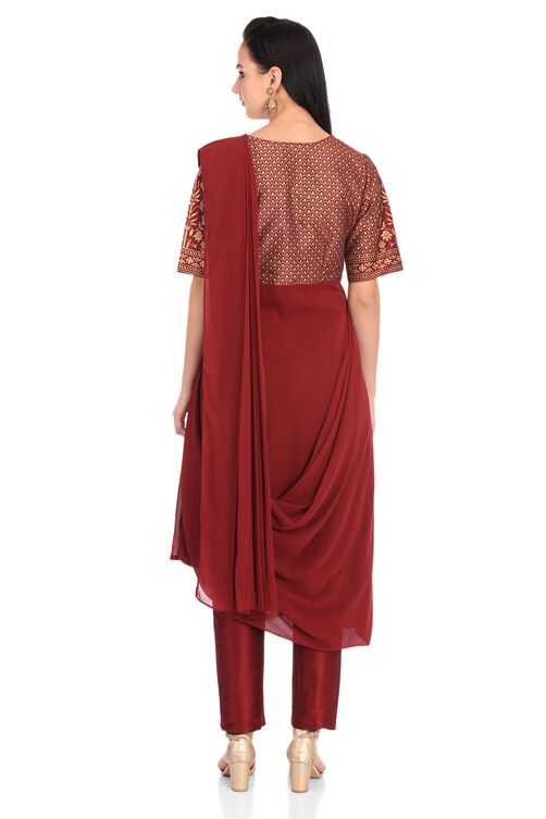 Wine Art Silk Anarkali Kurta Slim Pant Suit Set image number 5