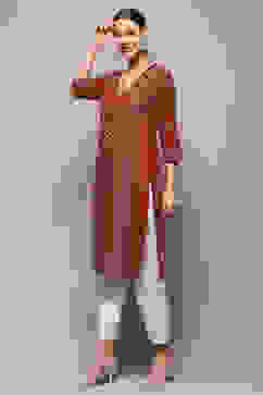 Rust Printed Regular Fit Straight Kurta image number 3