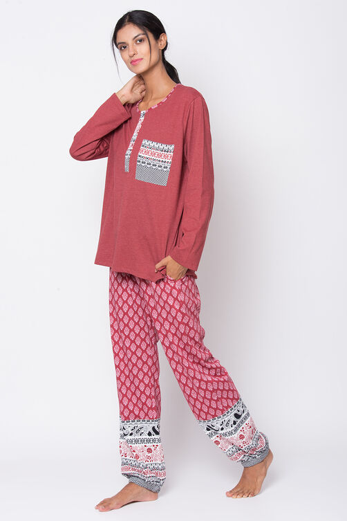 Brick Red Poly Cotton Printed Loungewear Set image number 3