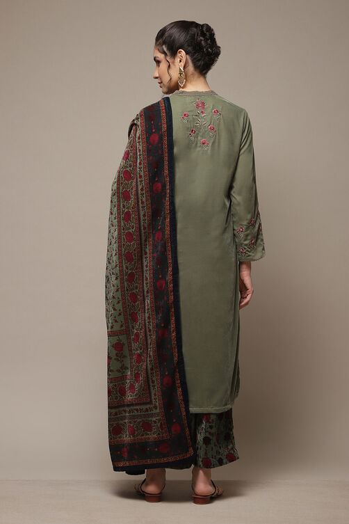 Dark Military Green Art Silk Straight Kurta Palazzo Suit Set image number 2