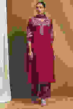 Red Silk Embroidered A-Line Suit Set image number 6