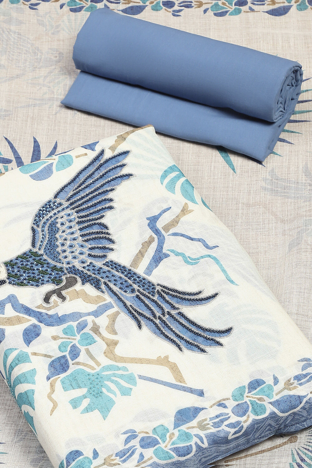 Blue Linen Unstitched Suit Set image number 3