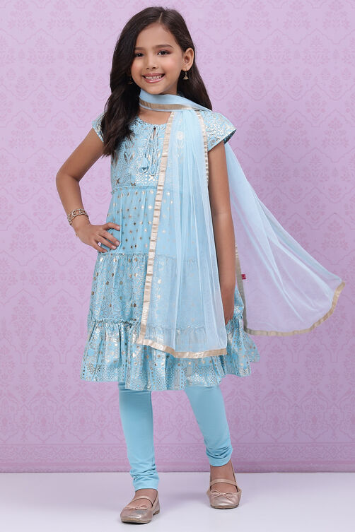 Blue Cotton Flared Kurta Churidar Suit Set image number 7