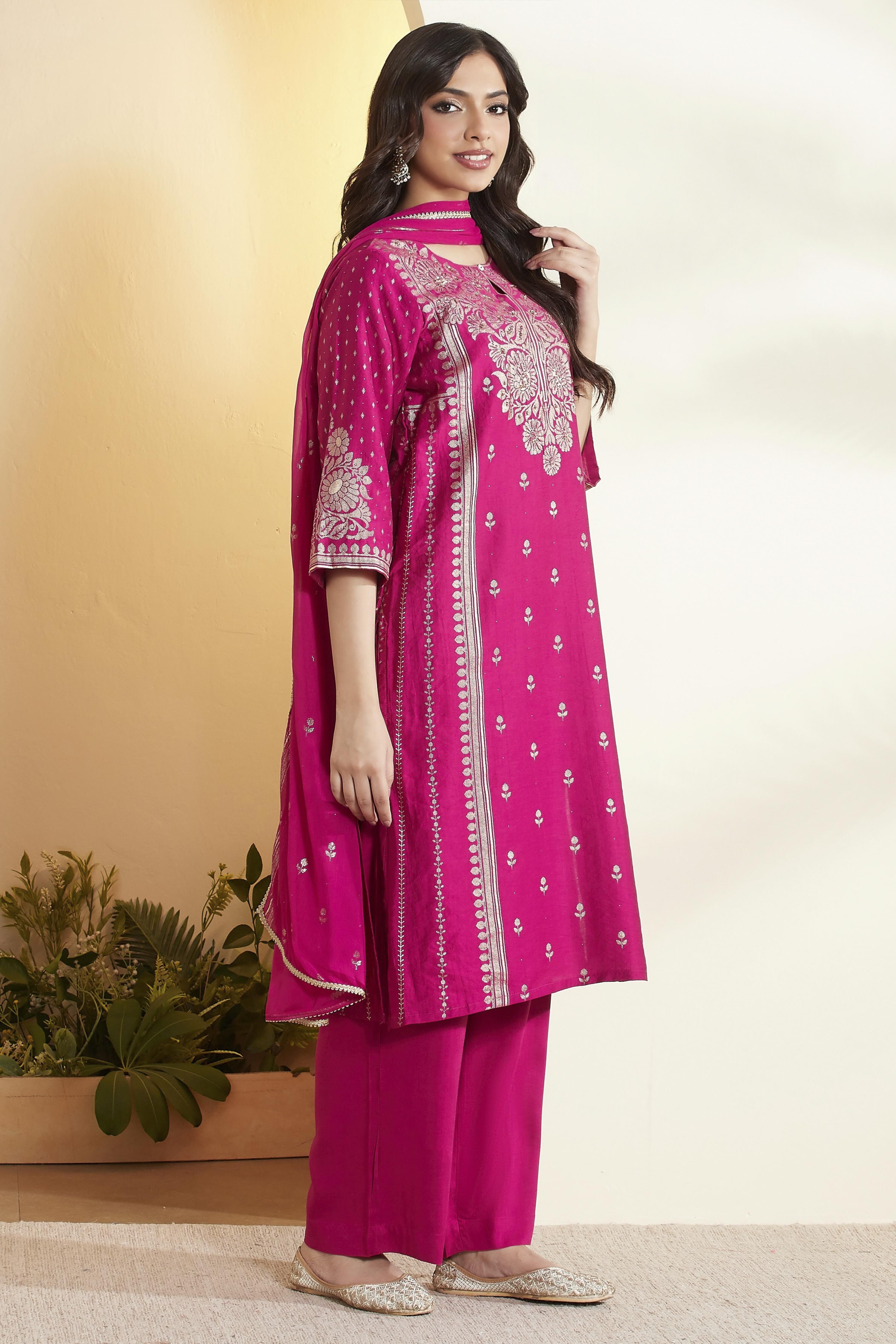 Magenta Pink Viscose Blend Straight Suit Set image number 5