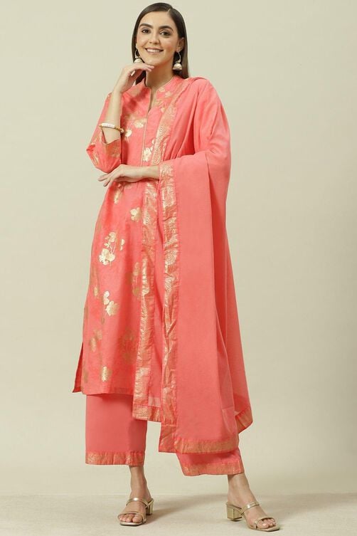 Peach Printed Cotton Straight Kurta Palazzo Suit Set image number 7