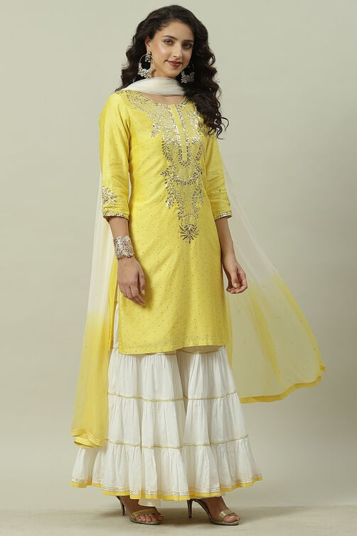 Yellow And White Cotton Silk Straight Kurta Garara Suit Set image number 2
