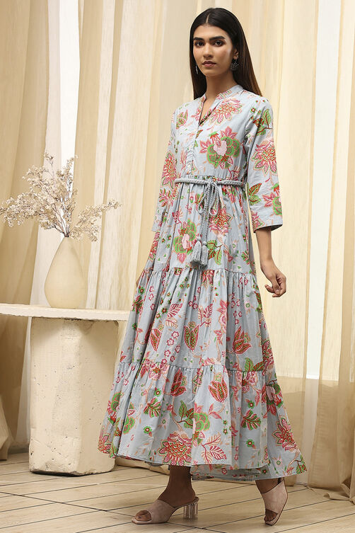 Earthy Blue Cotton Floral Tiered Dress image number 2