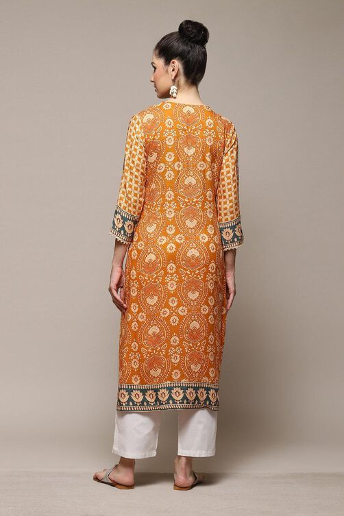 Ochre LIVA Straight Printed Kurta image number 4