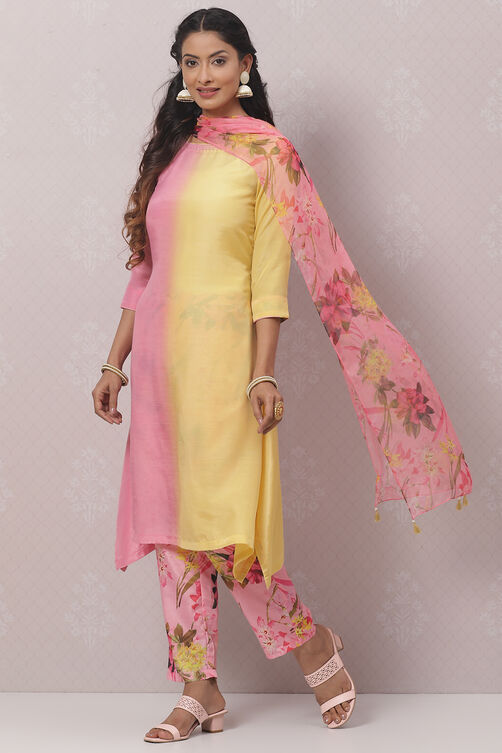 Sea Green And Pale Yellow Poly Viscose Asymmetric Kurta Pant Suit Set image number 3