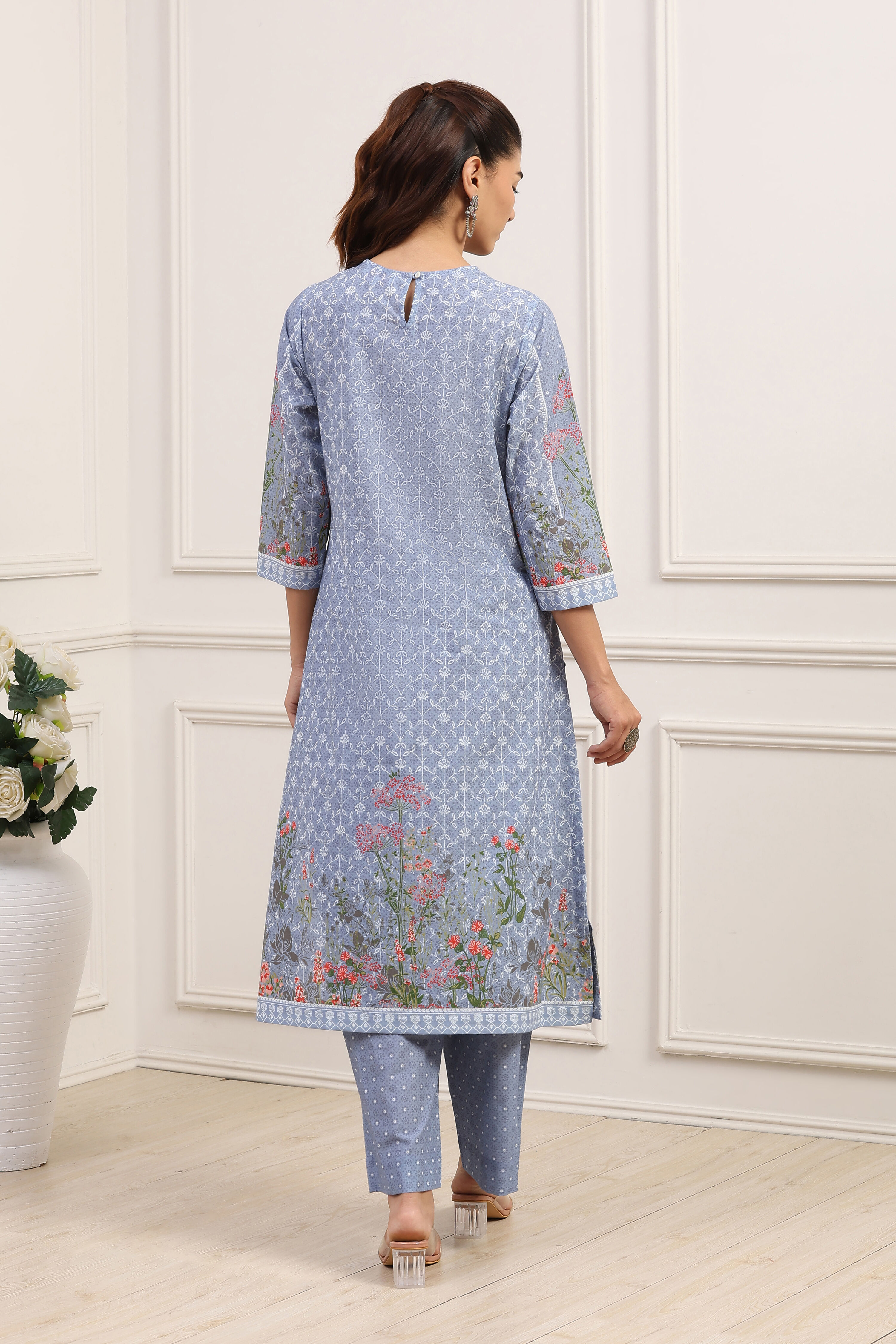 Powder Blue Cotton Straight Kurta Palazzo Suit Set image number 4