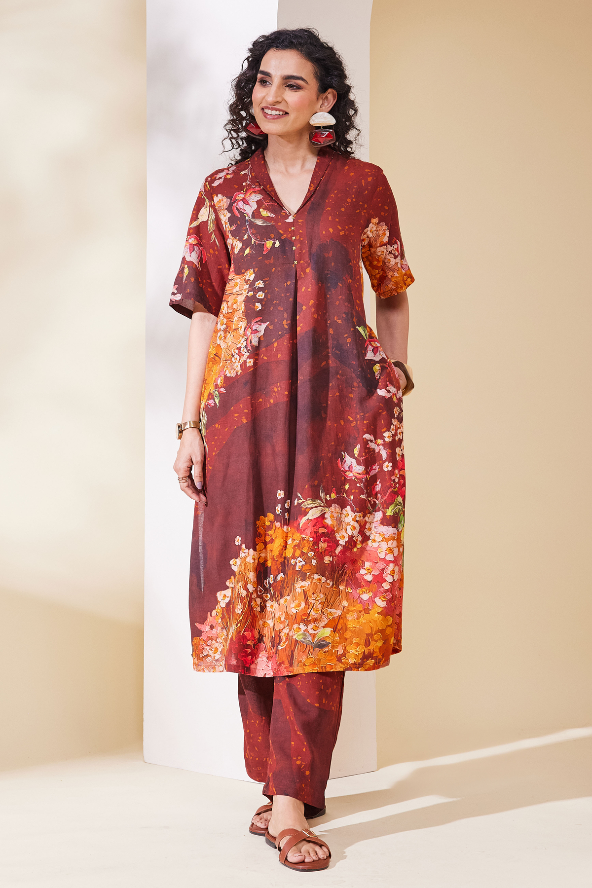 Brown Viscose Rayon A Line Kurta Pants Set