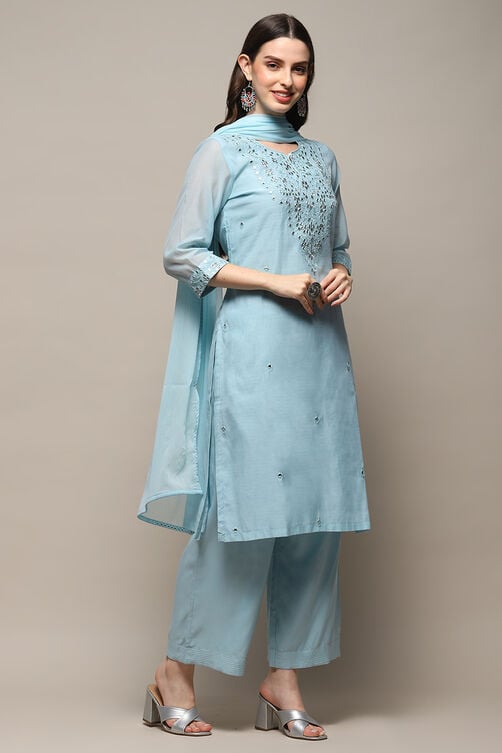 Powder Blue Polyester Straight Suit Set image number 5