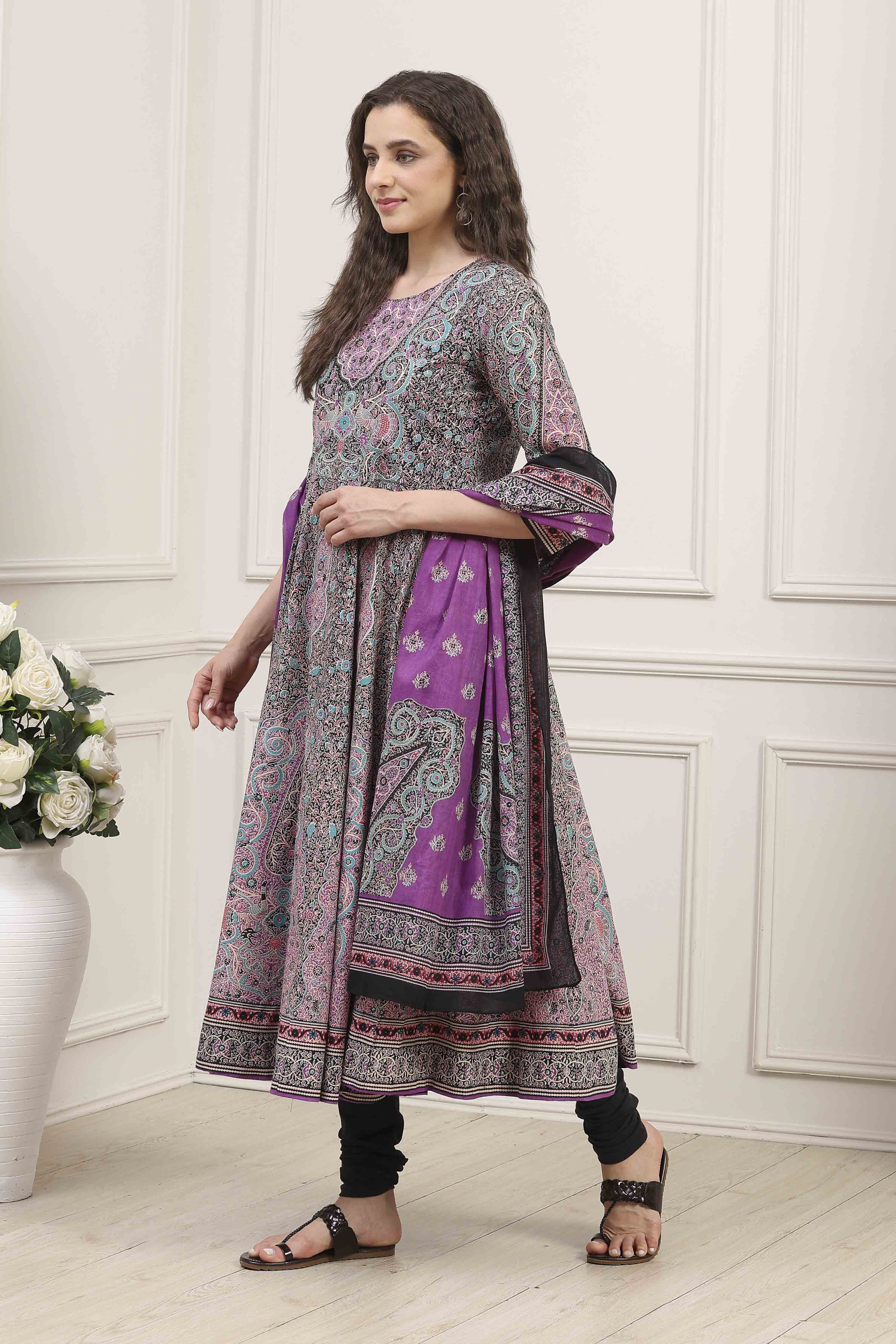 Purple Cotton Printed Anarkali Suit Set image number 3
