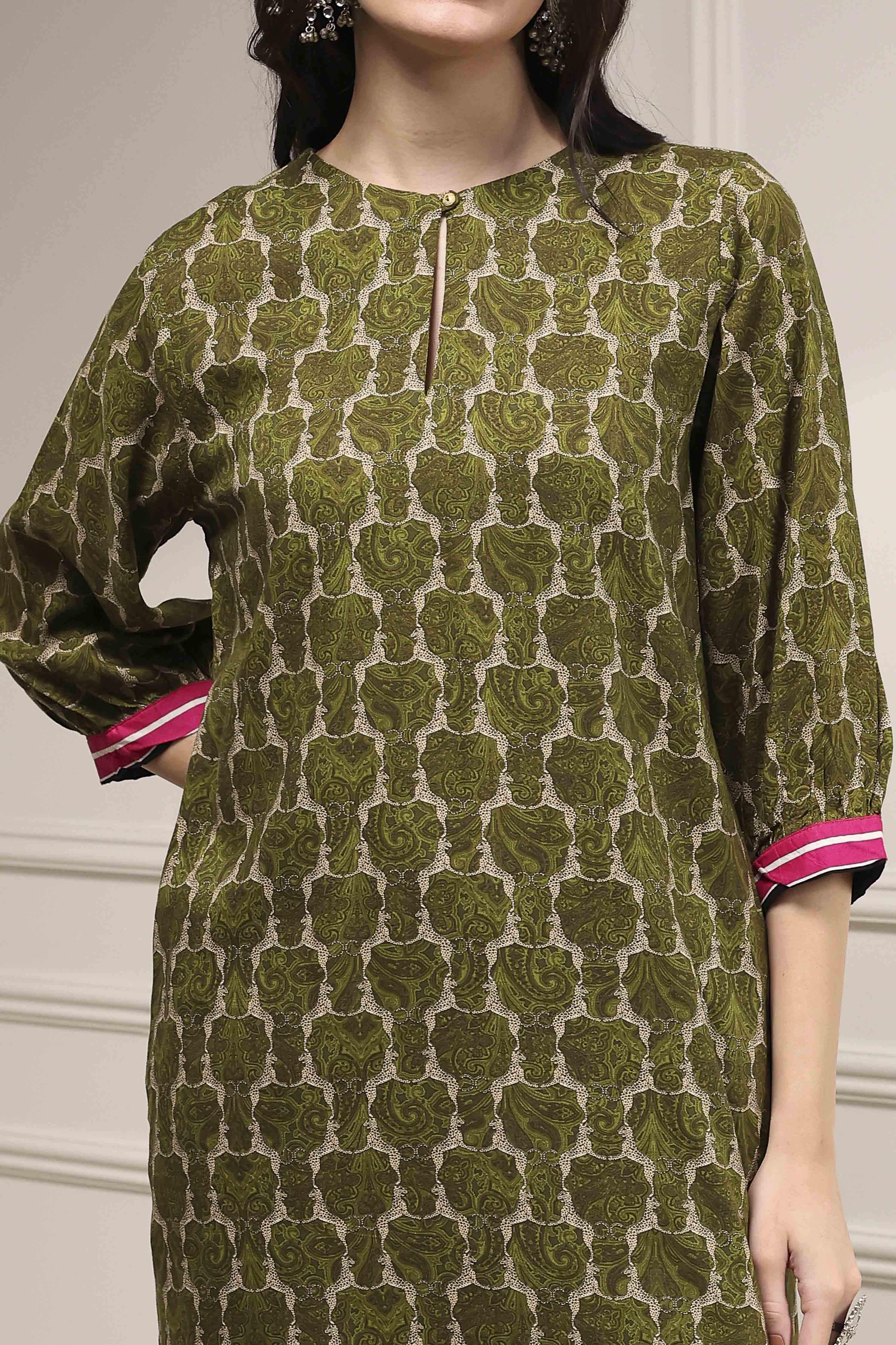 Olive Green Printed Straight Suit Set image number 1