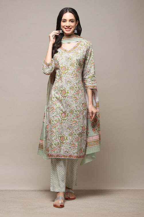 Dull Green Cotton Panelled Unstitched Suit Set image number 8