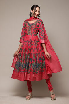 Crimson Red Cotton Anarkali Kurta Churidar Suit Set image number 0
