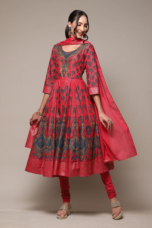 Crimson Red Cotton Anarkali Kurta Churidar Suit Set image number 0