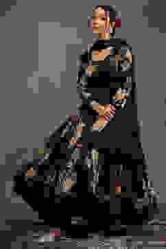 Rohit Bal Black Silk Chanderi Floral Printed Anarkali Suit Set image number 0