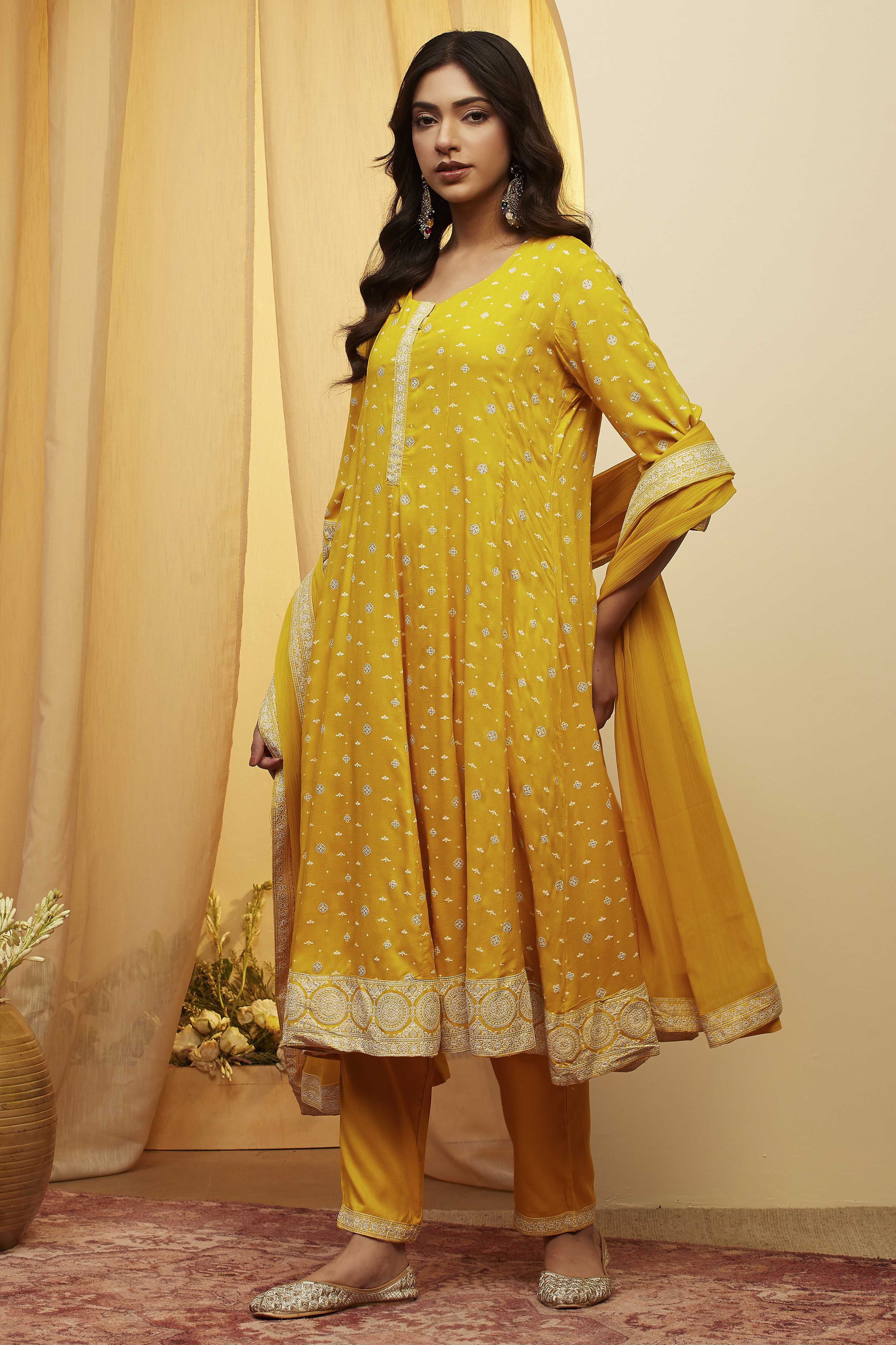 Yellow Viscose Rayon Kalidar Suit Set image number 3