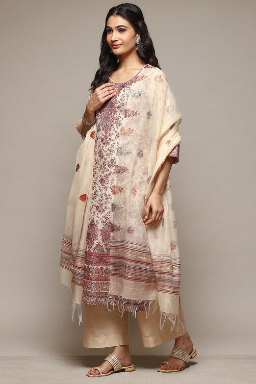 Beige Cotton Blend Straight Yarndyed Kurta Suit Set image number 5