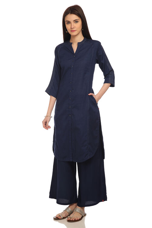 Navy Blue Front Open Cotton And Flax Solid Kurta image number 3