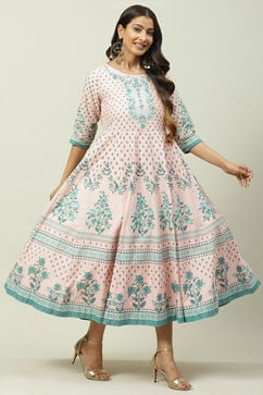 Peach Cotton Flared Fusion Dress image number 3