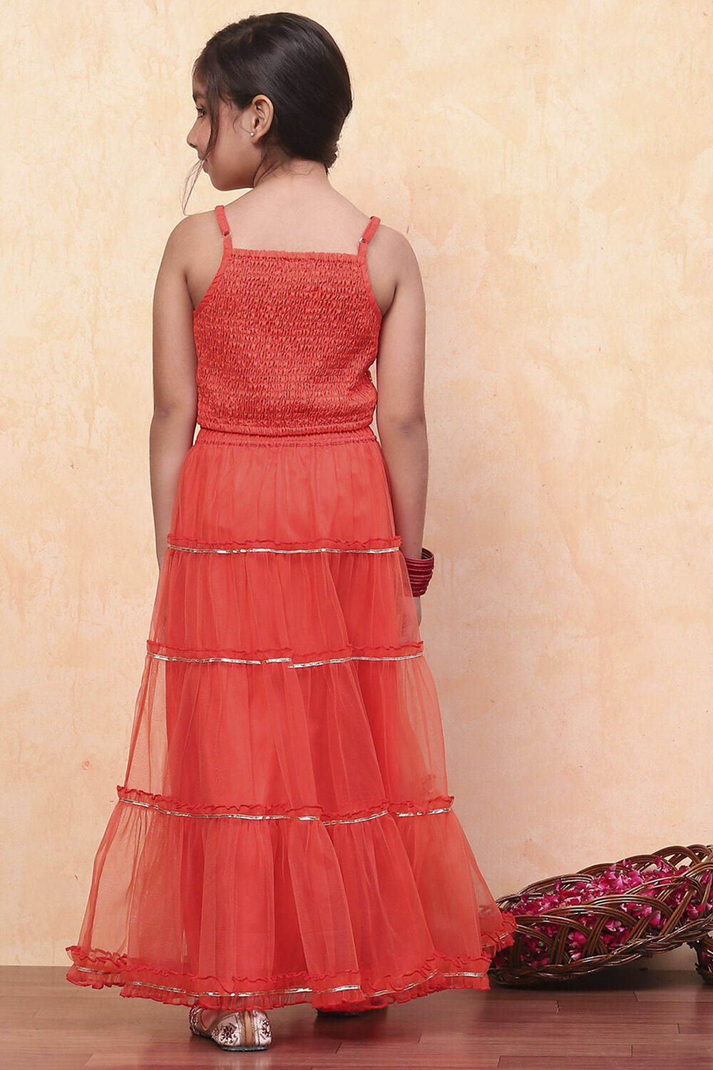 Orange Poly Chanderi Metallic Tiered Flared Lehenga Set image number 4