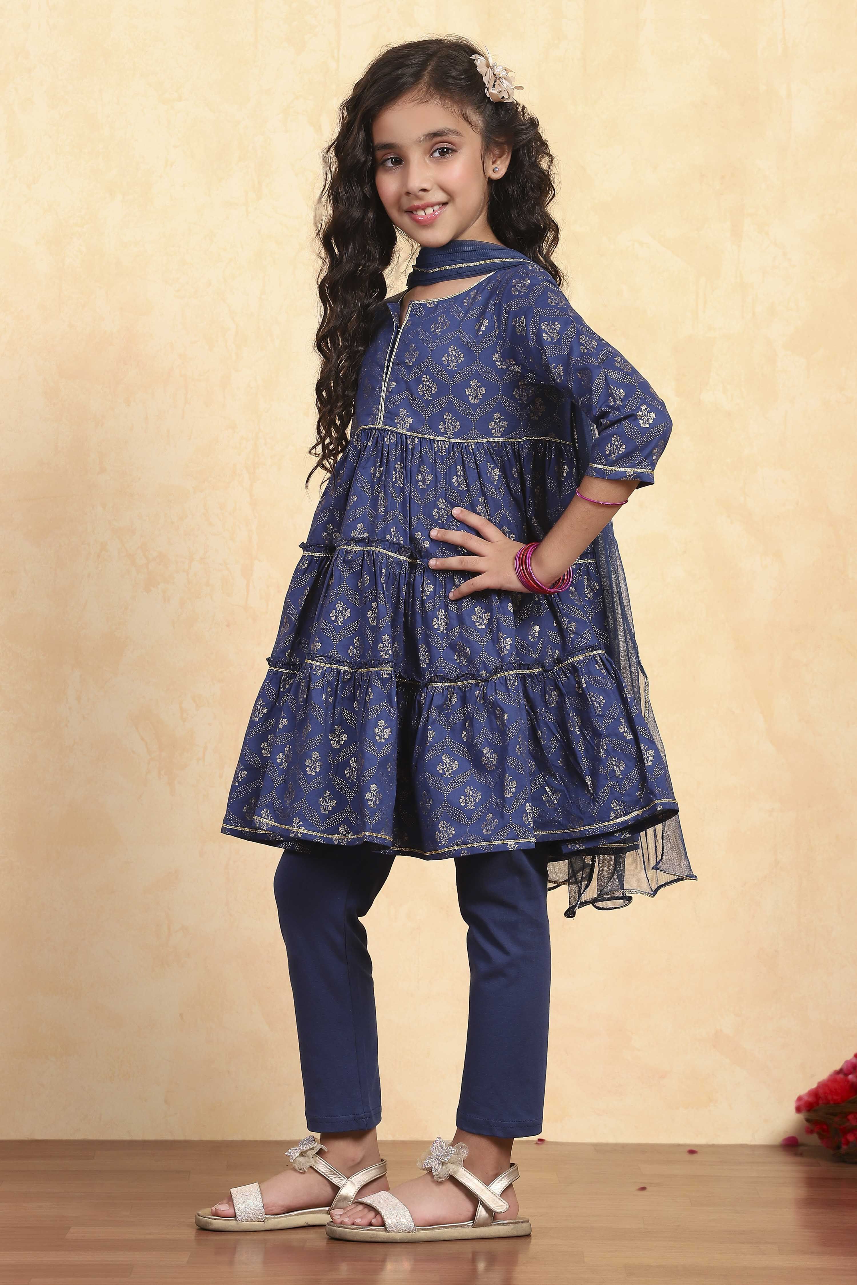 Blue Cotton Tiered Printed Kurta Churidar Set image number 3